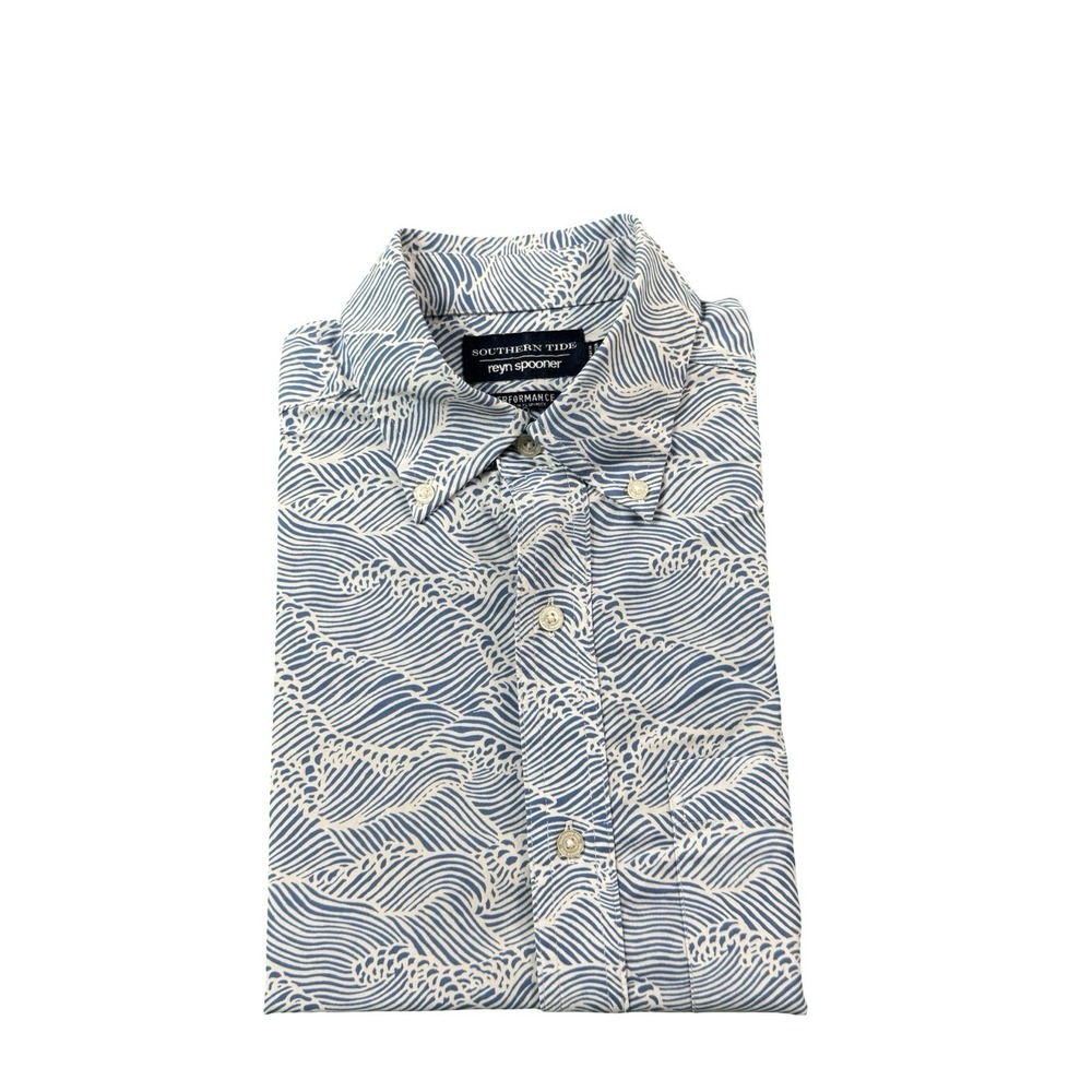 Southern Tide X Reyn Spooner Blue White Wave Performance Mens S/S Shirt Size S
